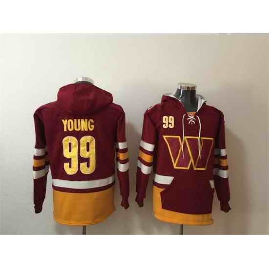 Men Washington Commanders 99 Chase Young Burgundy Lace Up Pullover Hoodie
